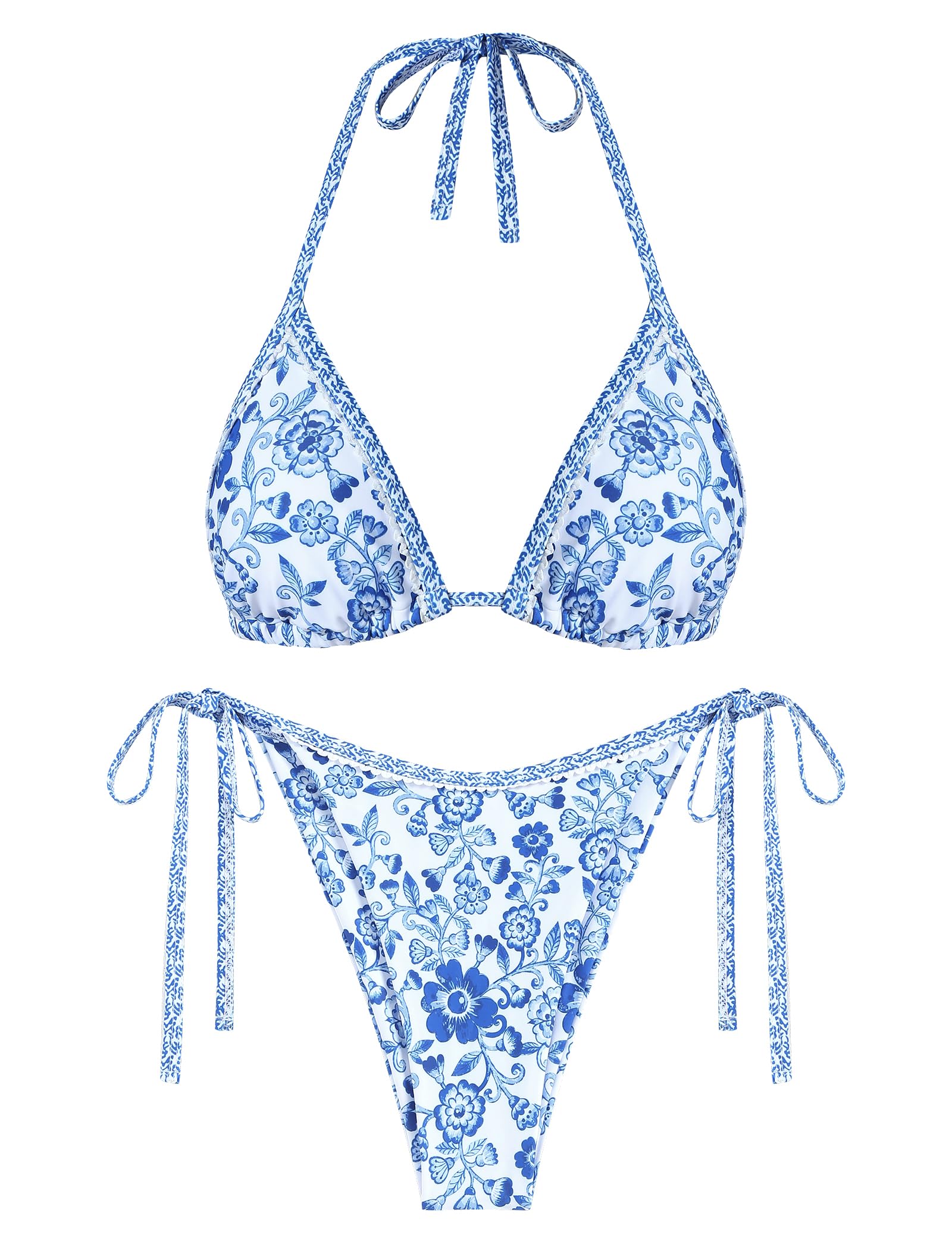 Foto 2 pulgar | Bikini Zaful Triangle Para Mujer, Halter, 2 Piezas, Azul Con Estampado Floral - Venta Internacional.