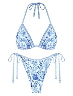 Foto 1 | Bikini Zaful Triangle Para Mujer, Halter, 2 Piezas, Azul Con Estampado Floral - Venta Internacional.