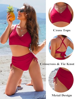 Foto 4 | Conjunto de Bikini Blooming Jelly para Mujer Cintura Alta Rojo Fruncido - Venta Internacional