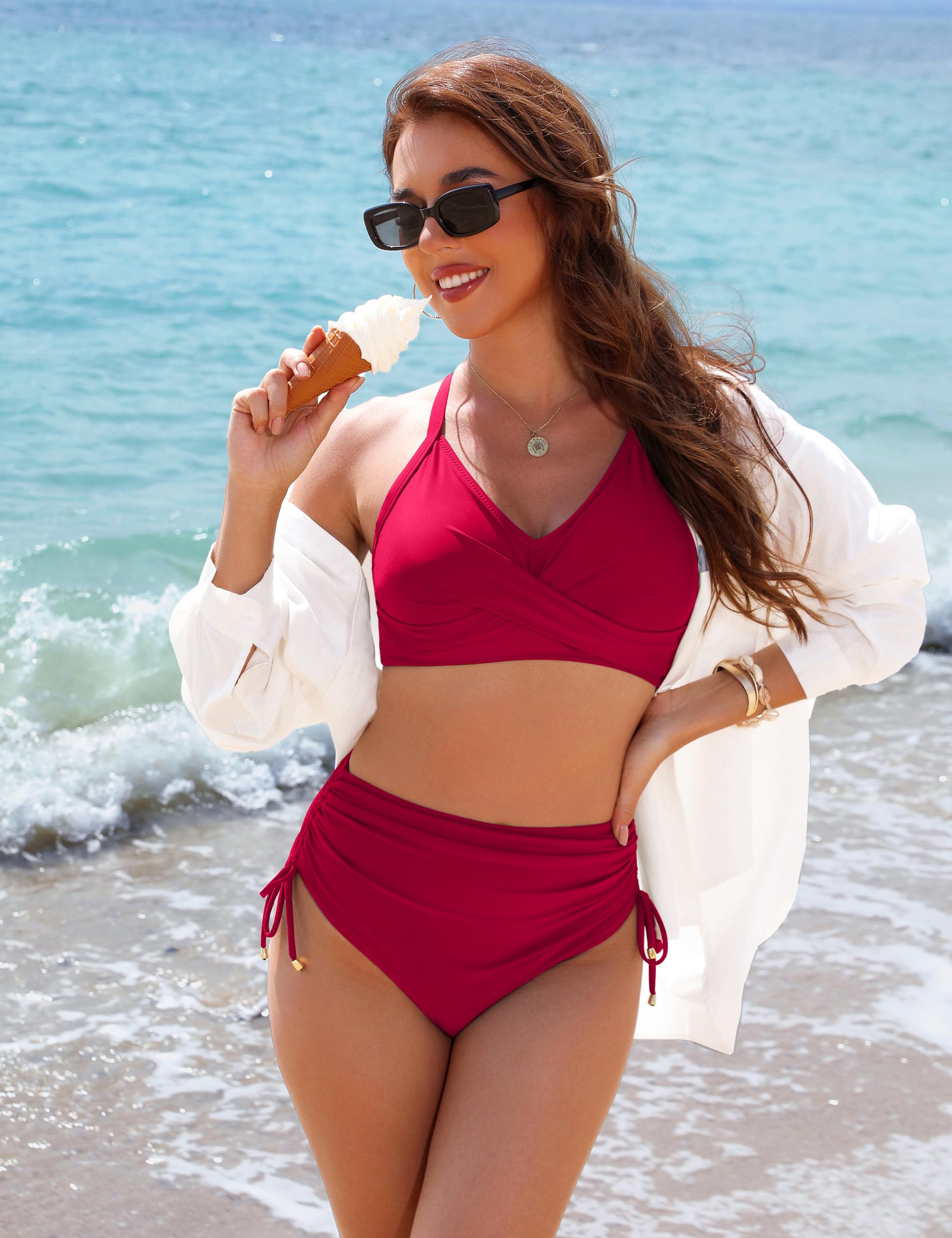 Foto 6 pulgar | Conjunto de Bikini Blooming Jelly para Mujer Cintura Alta Rojo Fruncido - Venta Internacional