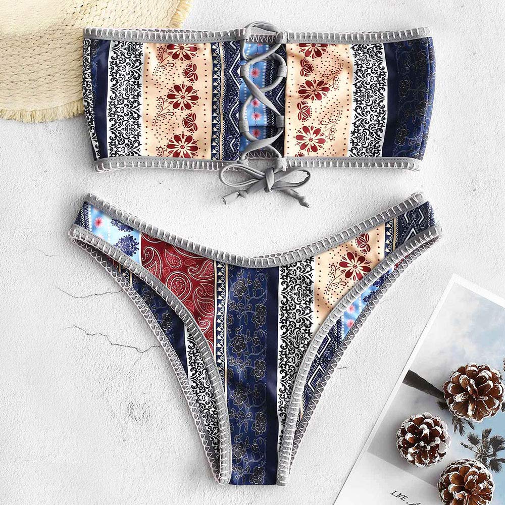 Foto 5 pulgar | Bikini Zaful Traje De Baño Tipo Bandeau Acanalado De Corte Alto Sin Tirantes Para Mujer - Venta Internacional.