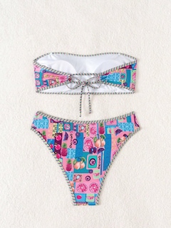 Foto 3 | Bikini Zaful Para Mujer, Sin Tirantes, Acanalado, Corte Alto, Tipo Bandeau, Azul M - Venta Internacional.