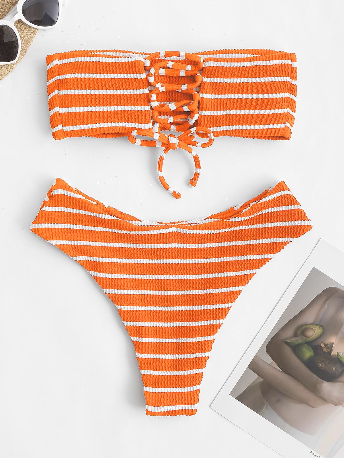 Foto 5 pulgar | Bikini Zaful Para Mujer, Sin Tirantes, Acanalado, Corte Alto, Tipo Bandeau 6, Naranja - Venta Internacional.