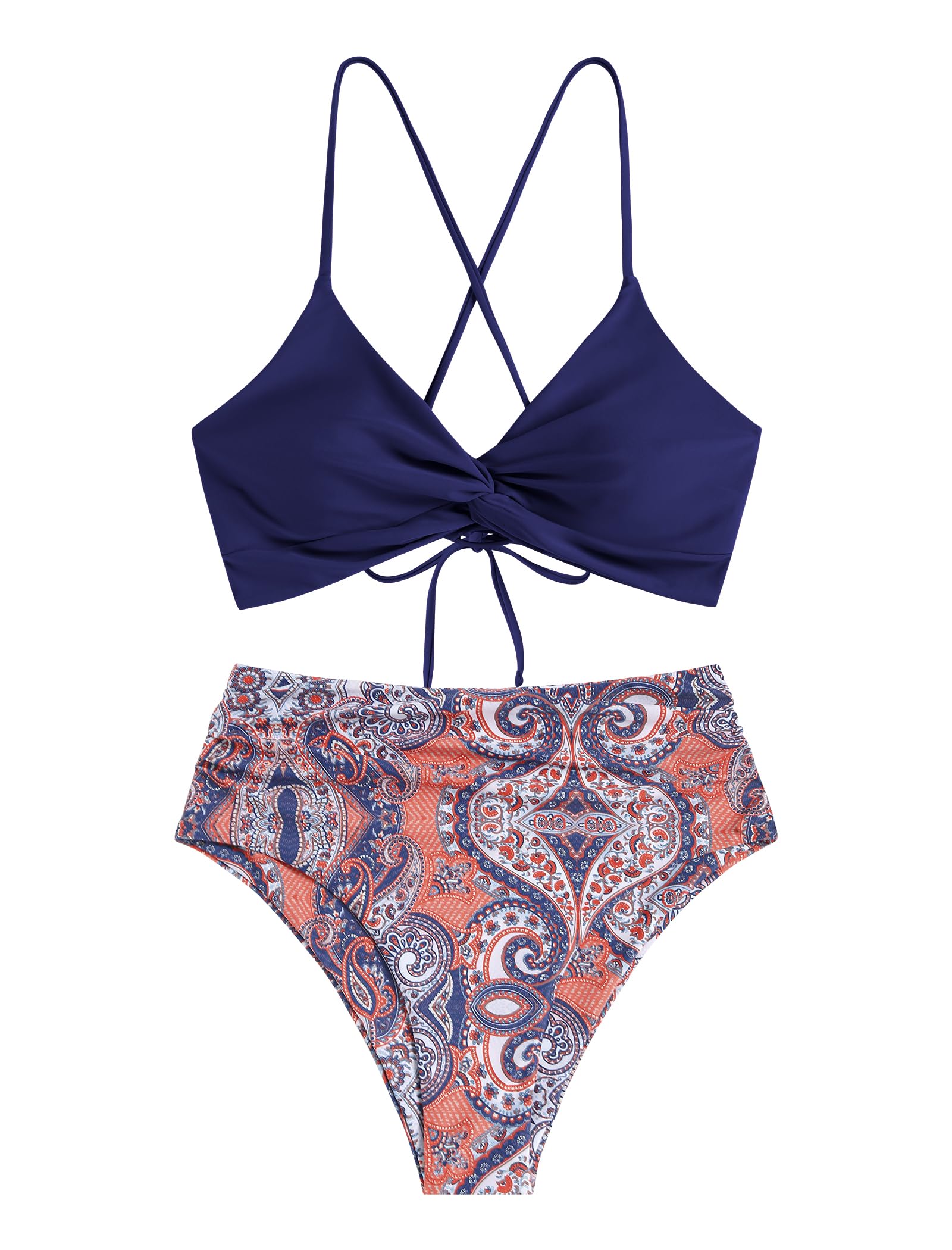 Foto 3 pulgar | Bikini Zaful Twist De Cintura Alta Con Cordones Cruzados Azul Marino S Para Mujer - Venta Internacional.