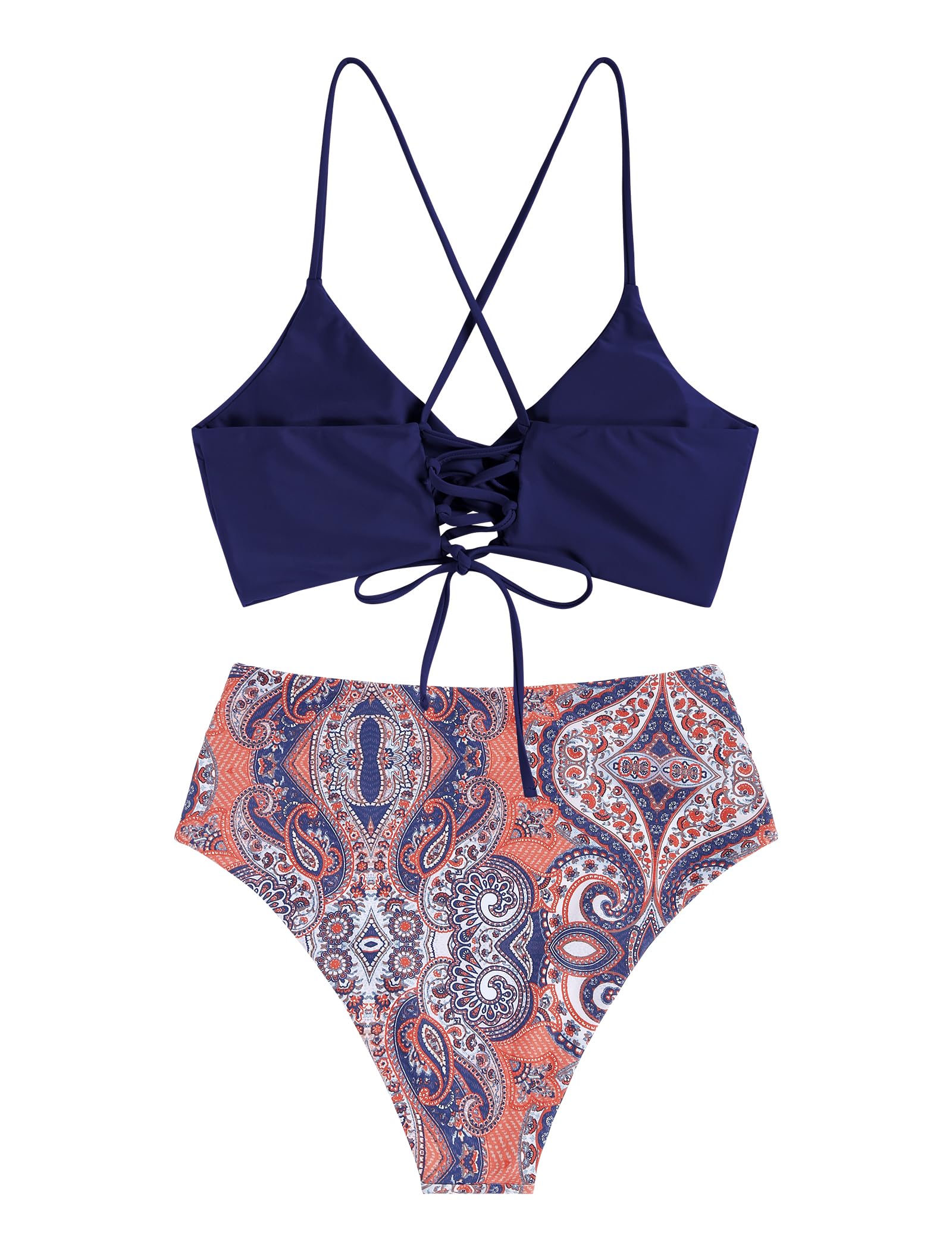 Foto 4 pulgar | Bikini Zaful Twist De Cintura Alta Con Cordones Cruzados Azul Marino S Para Mujer - Venta Internacional.