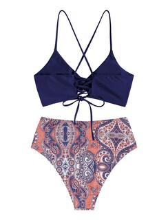 Foto 3 | Bikini Zaful Twist De Cintura Alta Con Cordones Cruzados Azul Marino S Para Mujer - Venta Internacional.