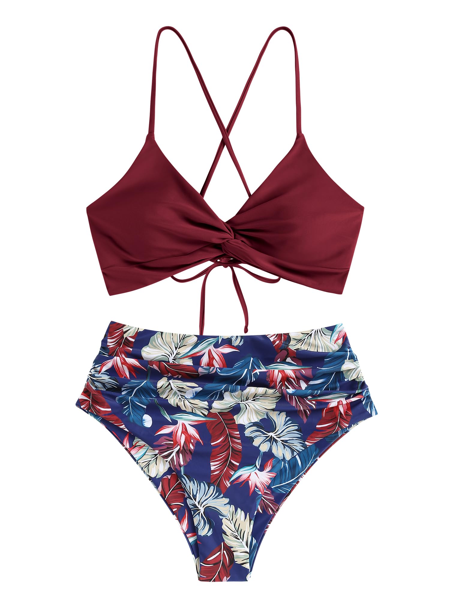 Foto 3 pulgar | Bikini Zaful Twist De Cintura Alta Para Mujer Wine Floral S - Venta Internacional.