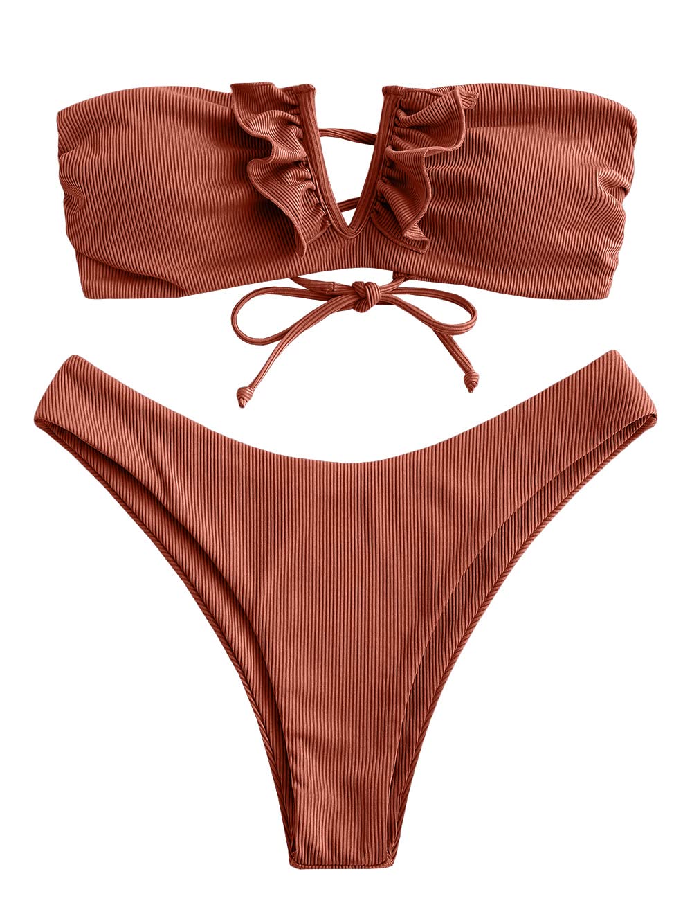 Foto 2 pulgar | Bikini Zaful Mujer Café Acanalado V sin Tirantes - Venta Internacional