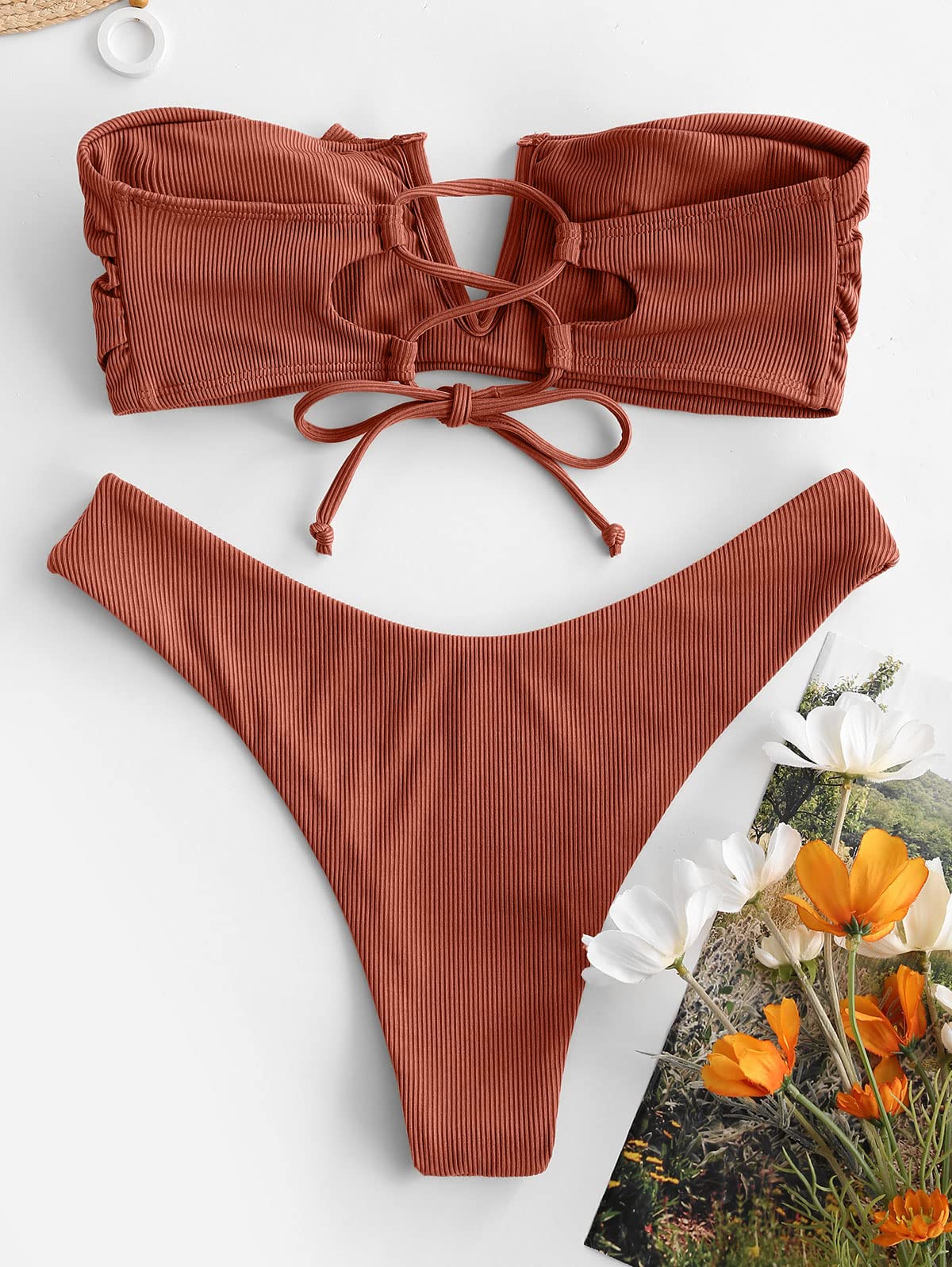 Foto 3 pulgar | Bikini Zaful Mujer Café Acanalado V sin Tirantes - Venta Internacional