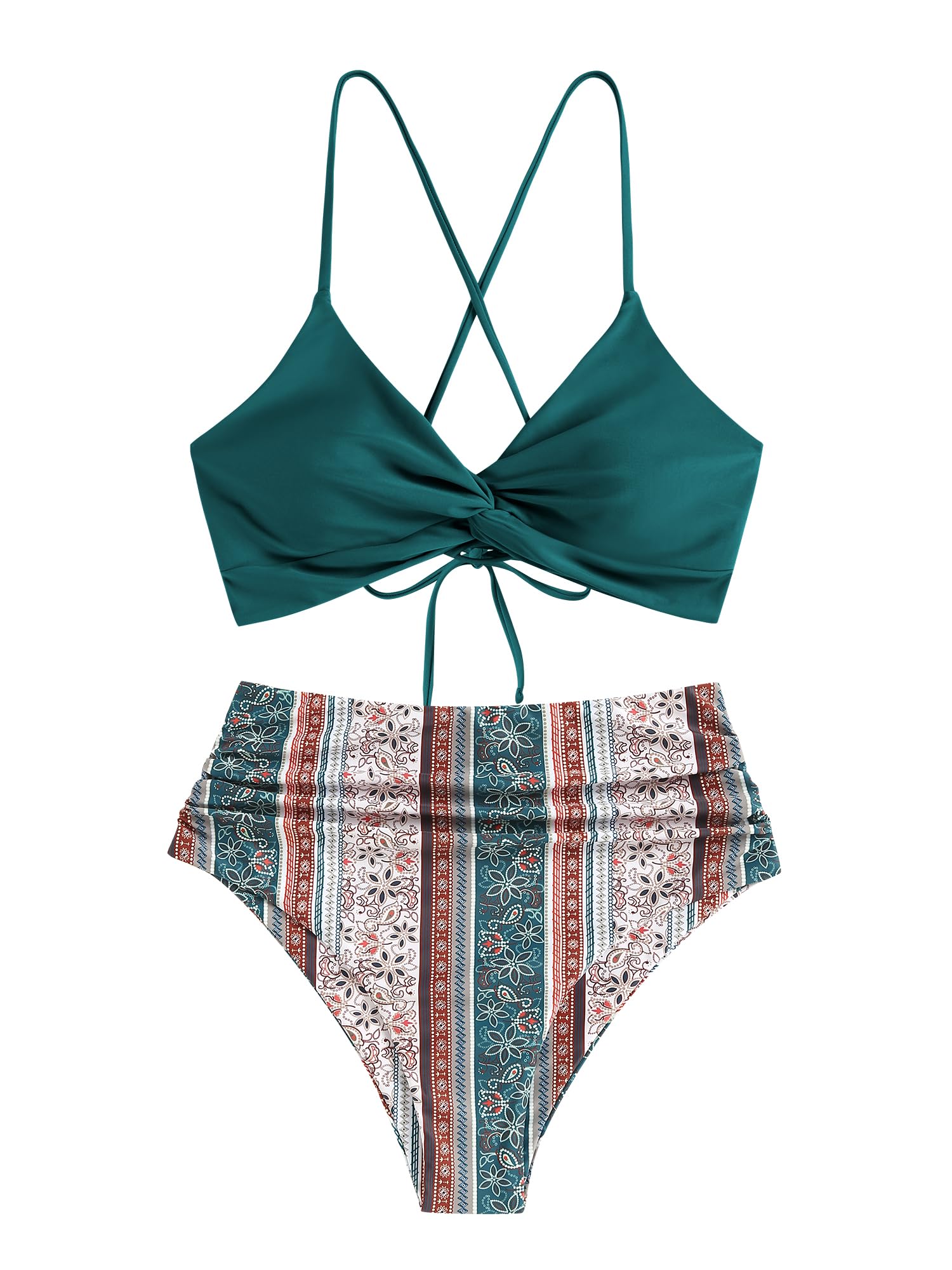 Foto 3 pulgar | Bikini Zaful Twist de Cintura Alta con Cordones Cruzados Verde para Mujer - Venta Internacional