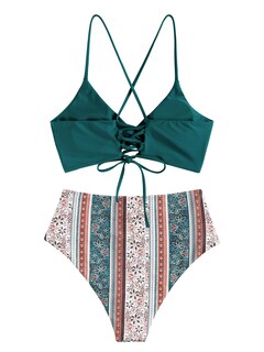 Foto 3 | Bikini Zaful Twist de Cintura Alta con Cordones Cruzados Verde para Mujer - Venta Internacional