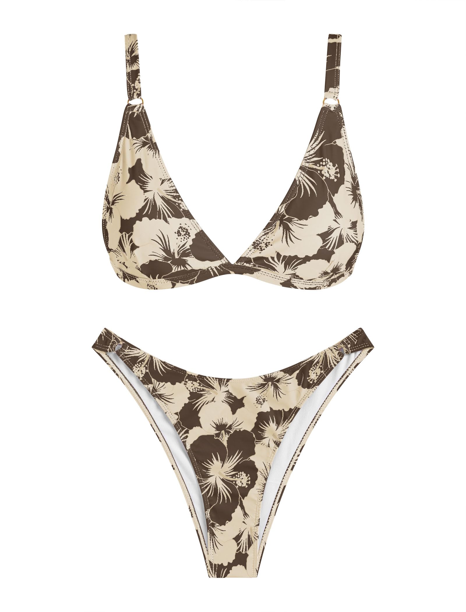 Foto 3 pulgar | Conjunto De Bikini Zaful Para Mujer Con Estampado Floral, Cintura Alta, Marrón - Venta Internacional.