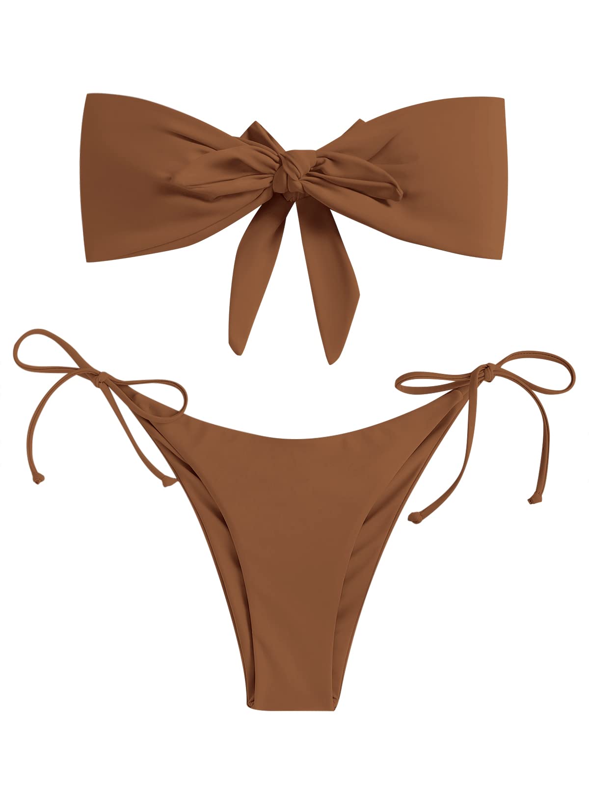 Foto 6 pulgar | Bikini Zaful Bandeau Anudado Para Mujer, Corte Alto, Color Café Claro - Venta Internacional.