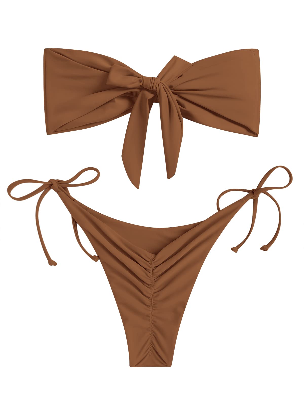 Foto 7 pulgar | Bikini Zaful Bandeau Anudado Para Mujer, Corte Alto, Color Café Claro - Venta Internacional.