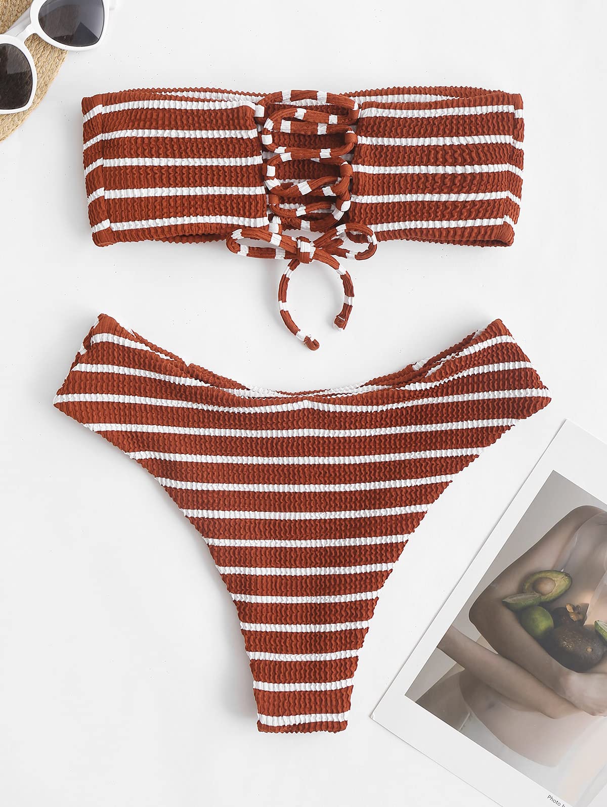 Foto 3 pulgar | Bikini Bandeau Corte Alto Acanalado sin Tirantes Mujer - Venta Internacional