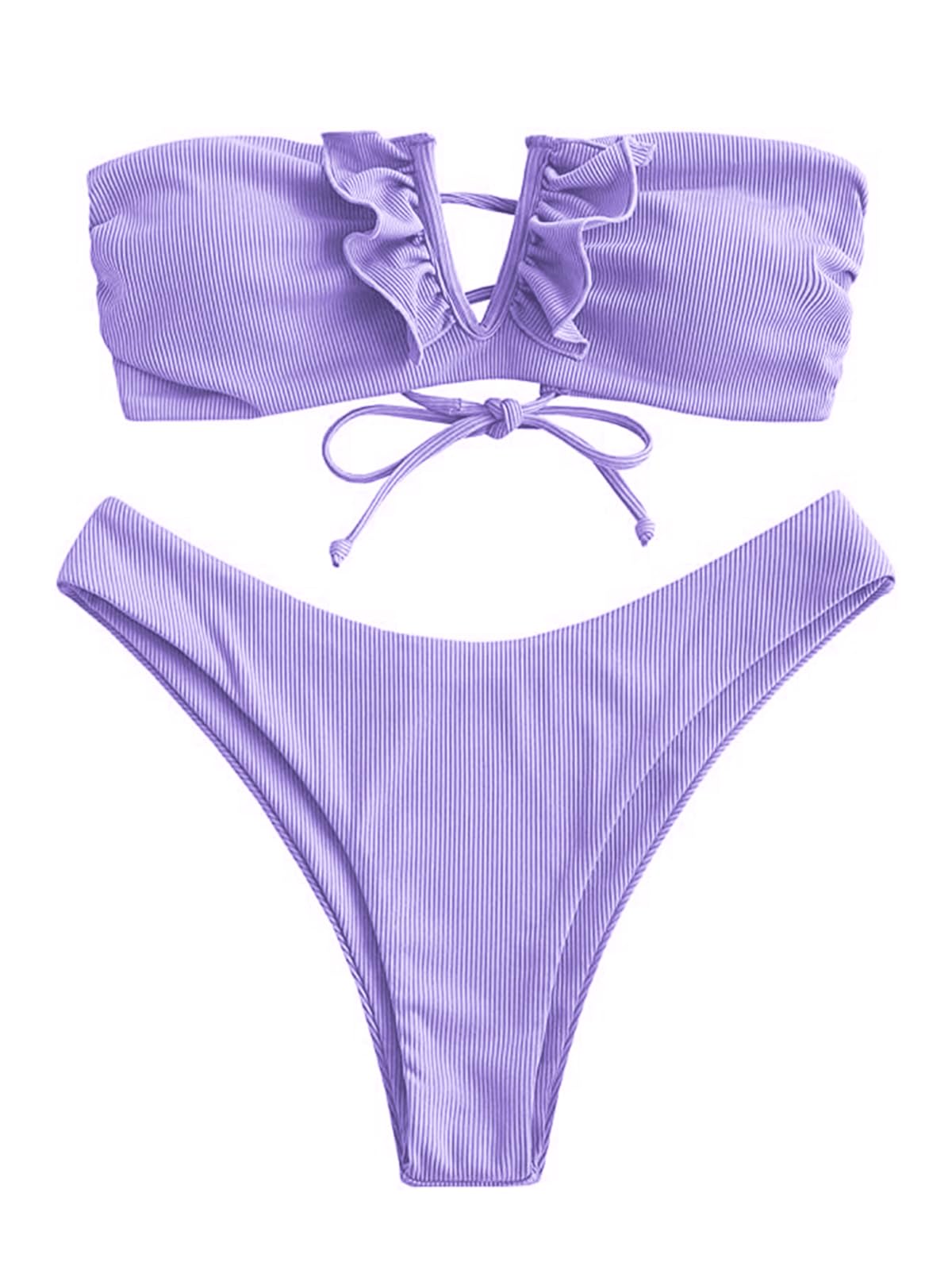 Foto 2 pulgar | Conjunto De Bikini Zaful Para Mujer, Sin Tirantes, Acanalado En V, Con Cable, Morado, Talla S - Venta Internacional.