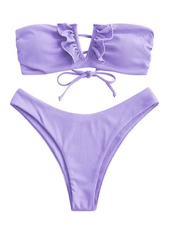 Foto 1 | Conjunto De Bikini Zaful Para Mujer, Sin Tirantes, Acanalado En V, Con Cable, Morado, Talla S - Venta Internacional.