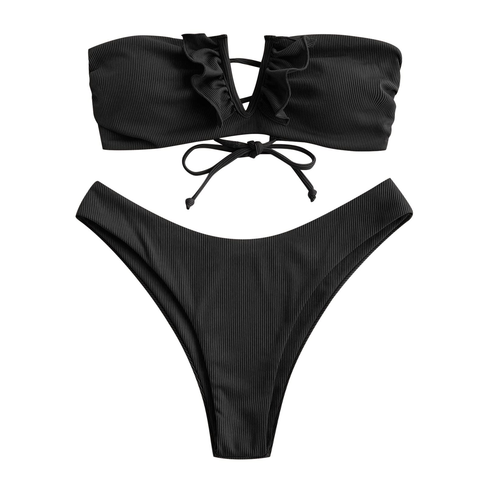 Foto 2 pulgar | Conjunto de Bikini Zaful sin Tirantes Acanalado V Negro  - Venta Internacional