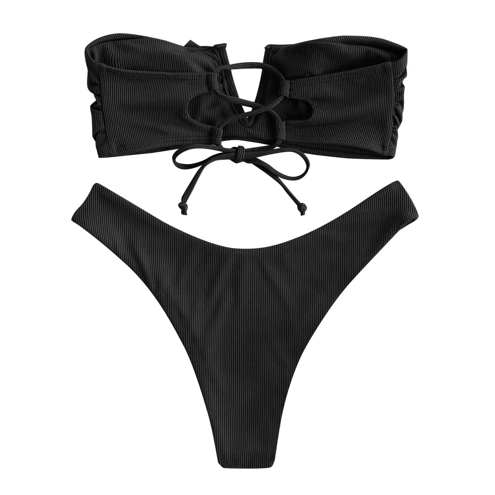 Foto 8 pulgar | Conjunto de Bikini Zaful sin Tirantes Acanalado V Negro  - Venta Internacional