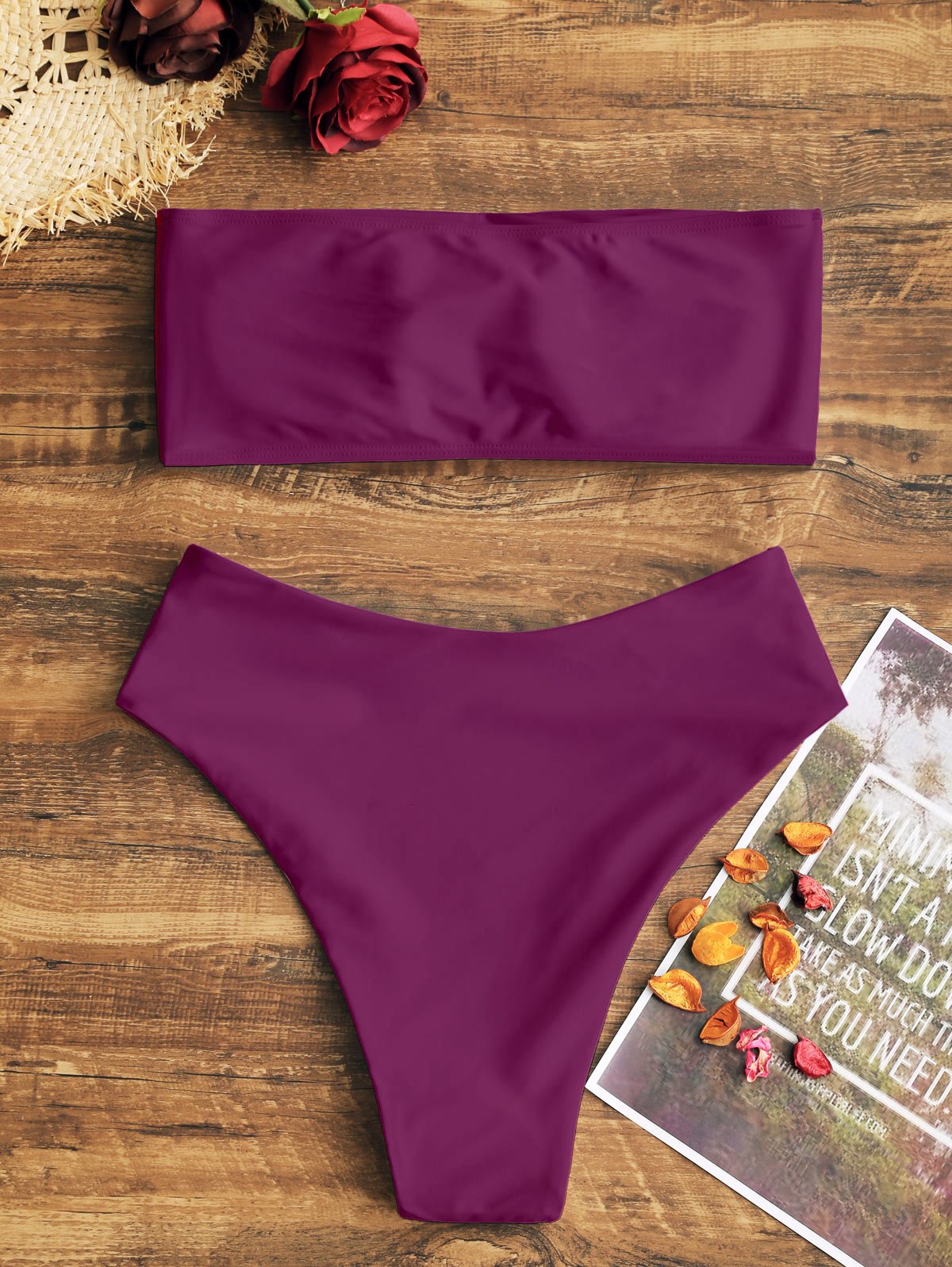 Foto 8 pulgar | Conjunto De Bikini Zaful Para Mujer, Estilo Bandeau, Corte Alto, Rojo Violáceo, Talla S - Venta Internacional.