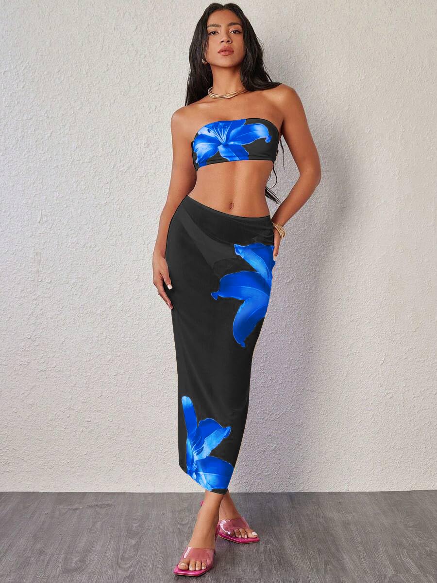 Foto 5 | Traje De Baño Zaful Para Mujer  3 Piezas  Tipo Bandeau Con Estampado Floral  Color Azul S - Venta Internacional.