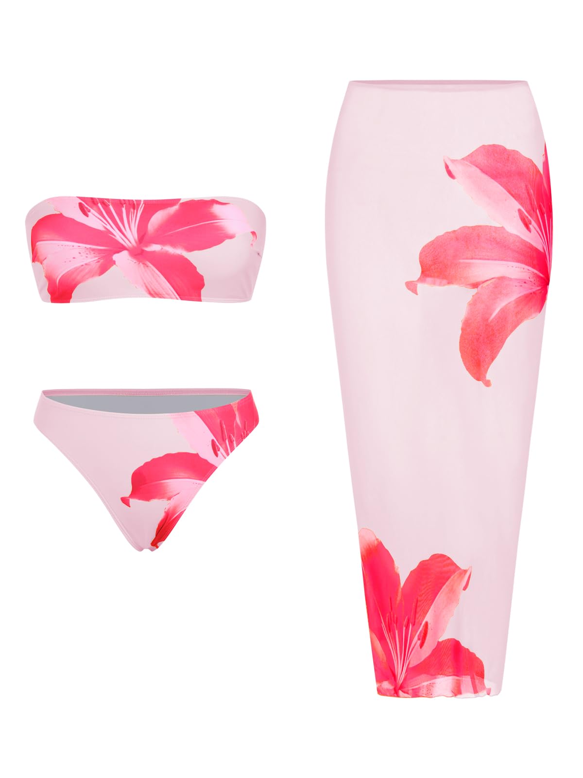 Foto 2 pulgar | Traje De Baño Zaful Para Mujer  3 Piezas  Tipo Bandeau Con Estampado Floral  Color Rosa S - Venta Internacional.