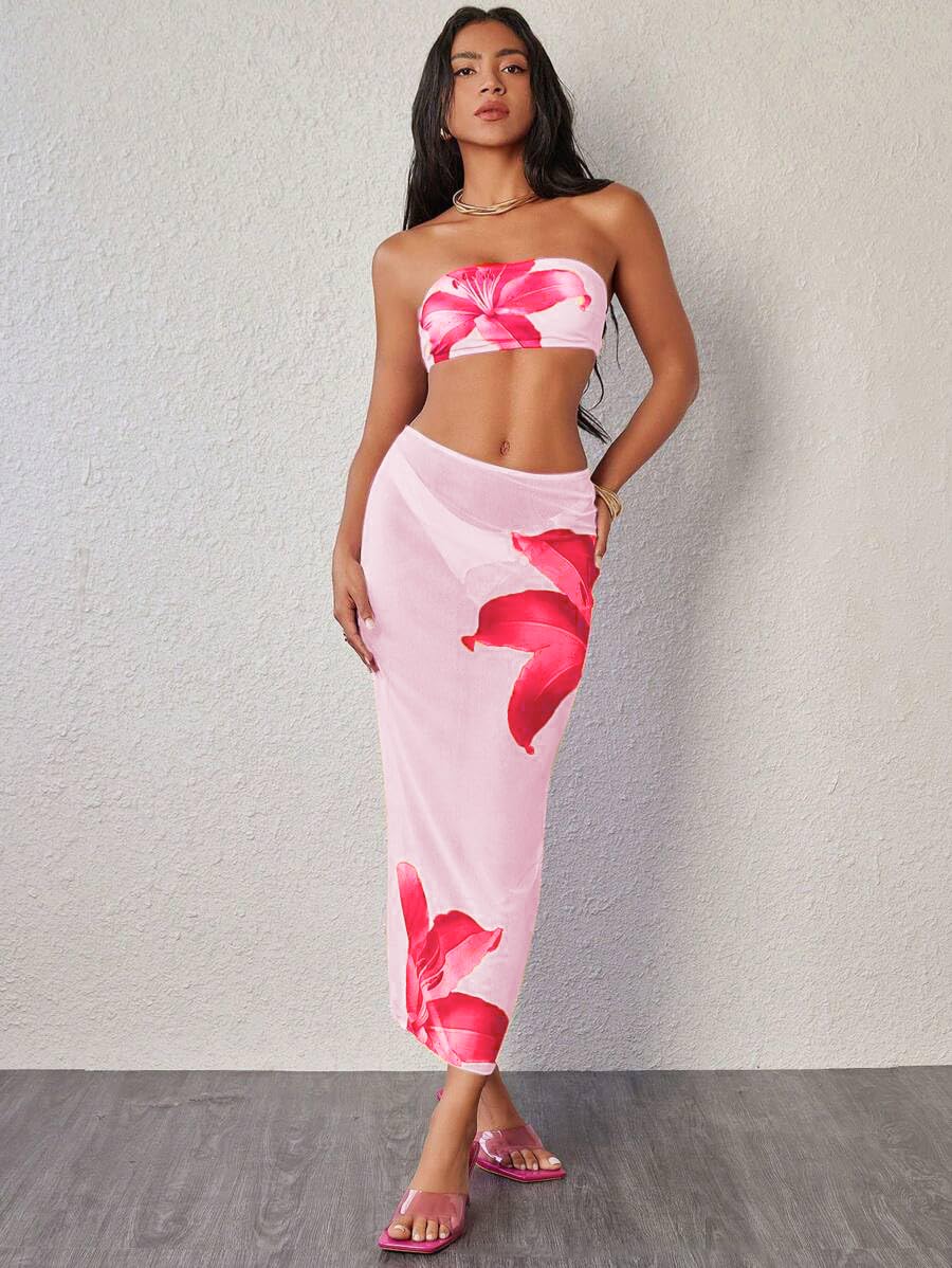 Foto 6 pulgar | Traje De Baño Zaful Para Mujer  3 Piezas  Tipo Bandeau Con Estampado Floral  Color Rosa S - Venta Internacional.