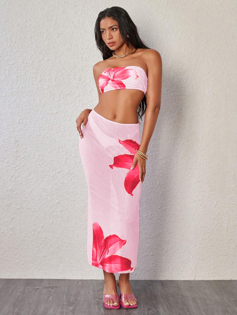 Foto 6 | Traje De Baño Zaful Para Mujer  3 Piezas  Tipo Bandeau Con Estampado Floral  Color Rosa S - Venta Internacional.