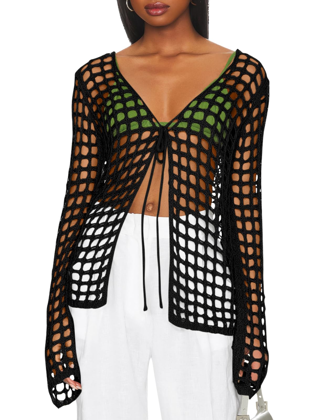 Foto 2 pulgar | Traje De Baño Coverup Saodimallsu De Manga Larga A Ganchillo Negro Para Mujer - Venta Internacional.