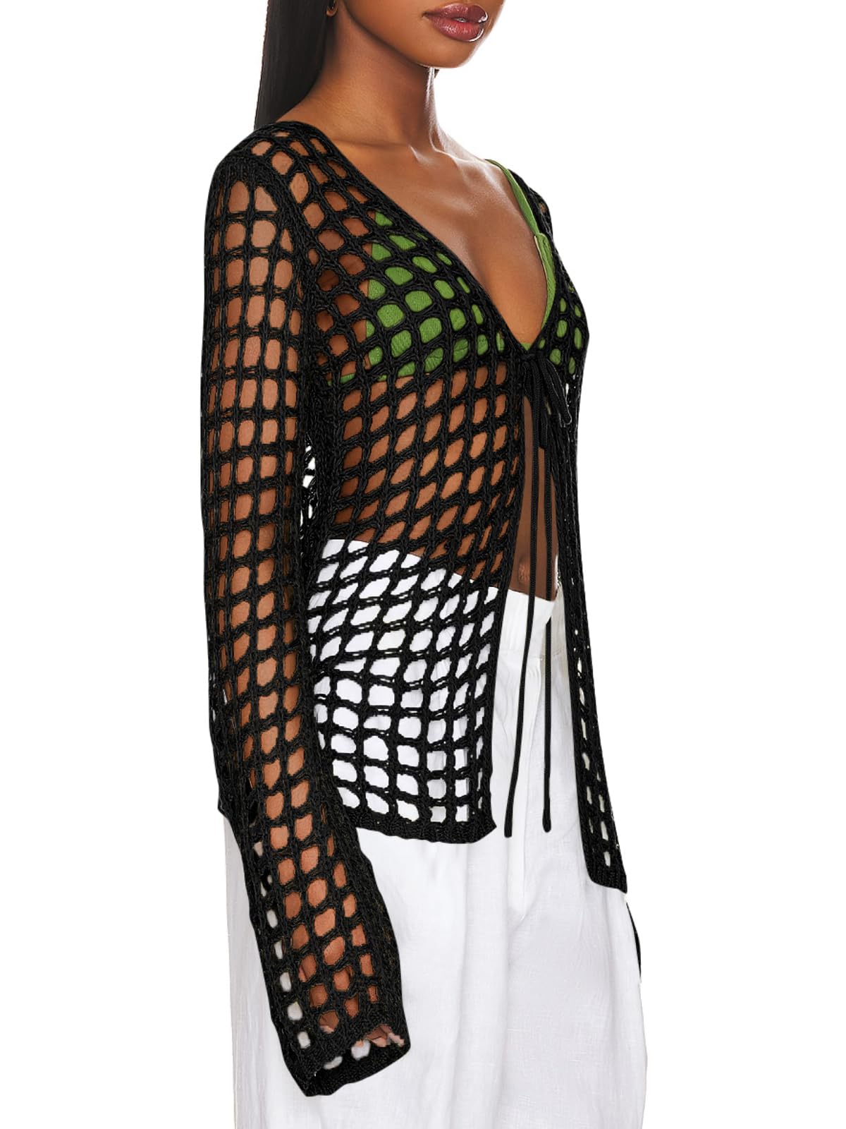 Foto 3 pulgar | Traje De Baño Coverup Saodimallsu De Manga Larga A Ganchillo Negro Para Mujer - Venta Internacional.