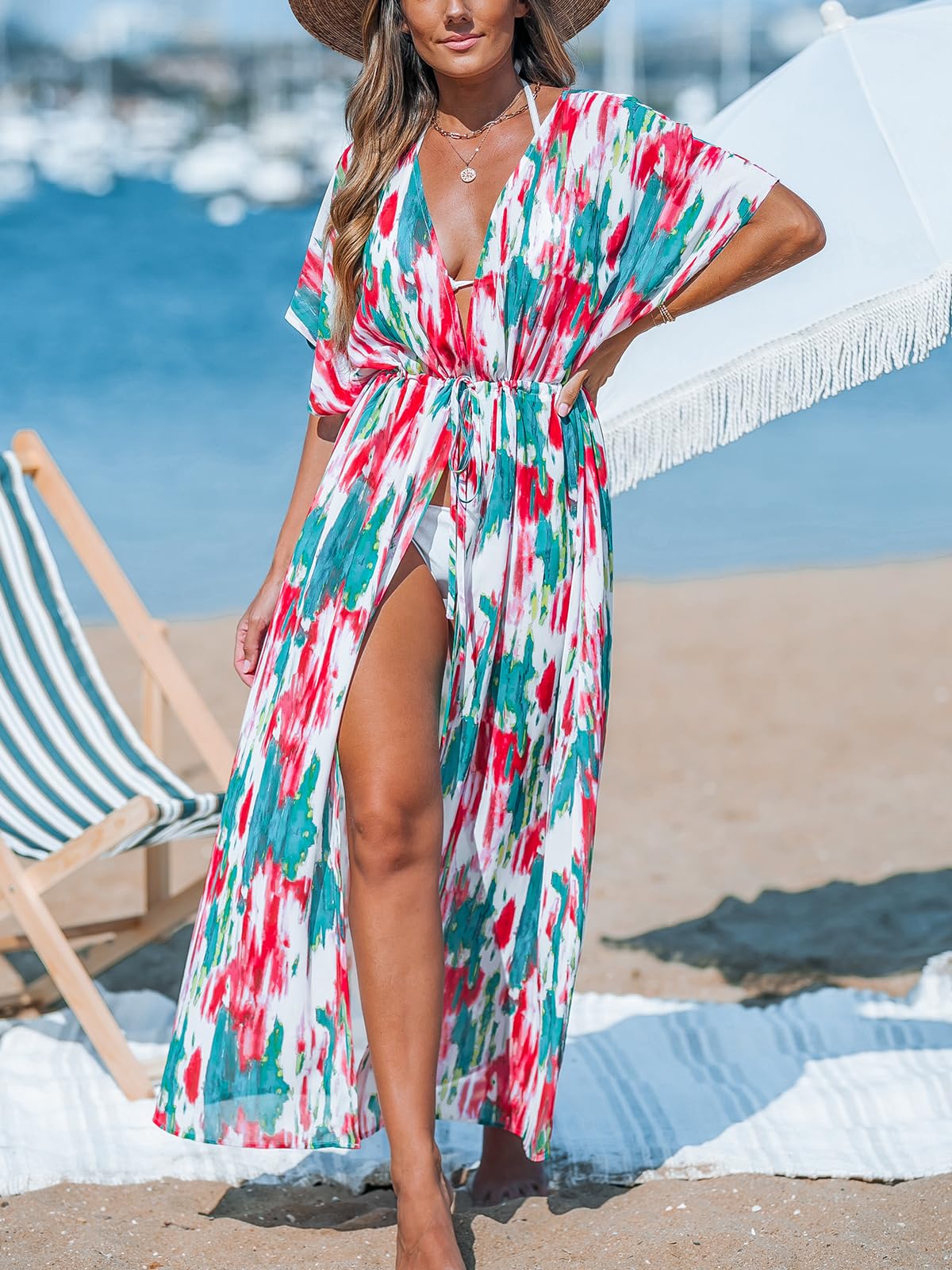 Foto 2 | Chaxi Cárdigan Largo A Rayas Con Estampado De Kimono Cupshe En La Parte Delantera Abierta - Venta Internacional.