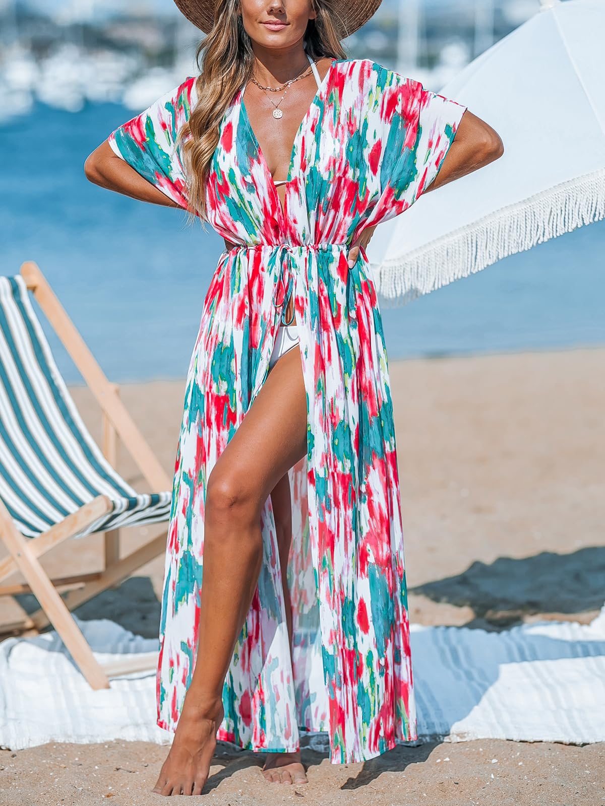 Foto 4 pulgar | Chaxi Cárdigan Largo A Rayas Con Estampado De Kimono Cupshe En La Parte Delantera Abierta - Venta Internacional.