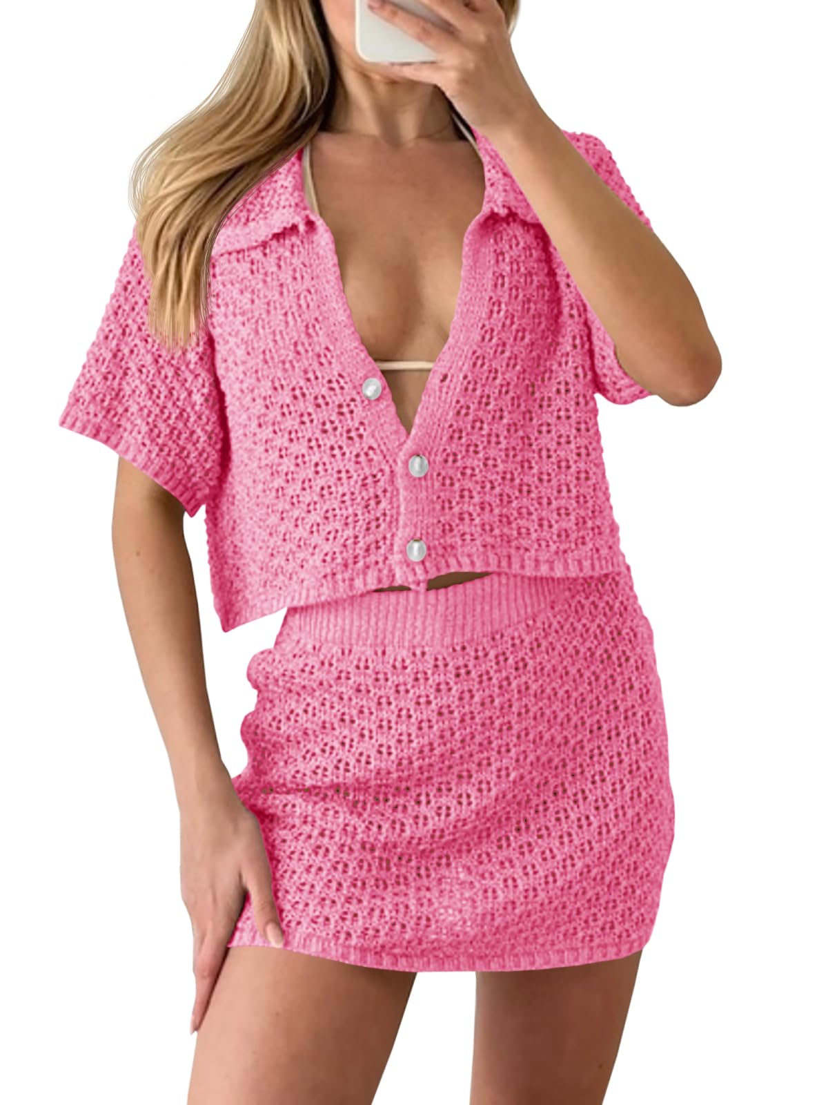 Foto 2 pulgar | Set De Cobertura Saodimallsu Para Mujer, Ganchillo, Playa, Verano, Rosa - Venta Internacional.