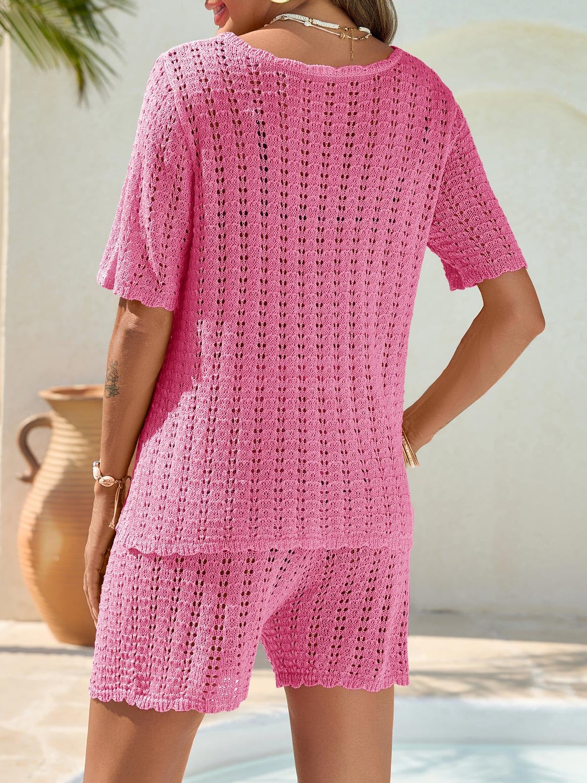 Foto 7 pulgar | Conjunto de Traje de Baño Saodimallsu Ganchillo Manga Corta Rosa - Venta Internacional