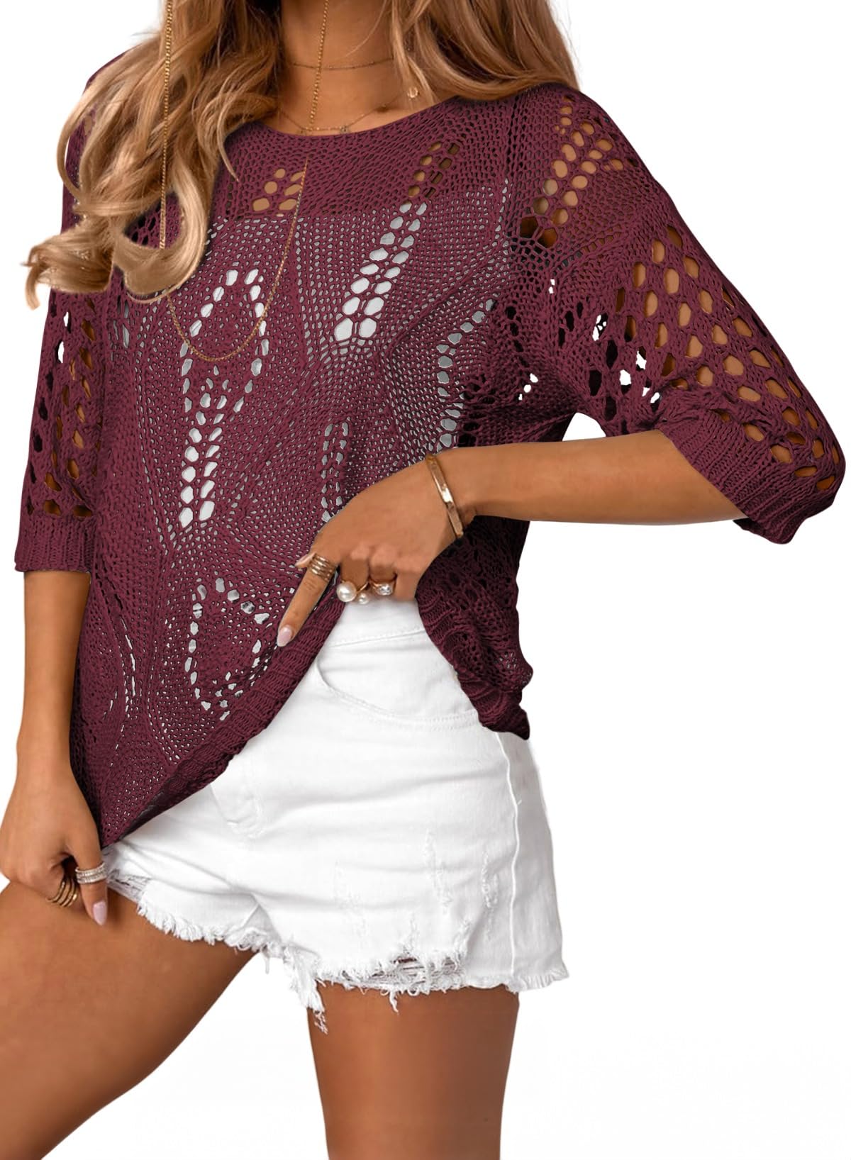 Foto 2 pulgar | Traje De Baño Cover Up Evaless - Blusas De Ganchillo Para Mujer, Color Rojo, Talla M - Venta Internacional.