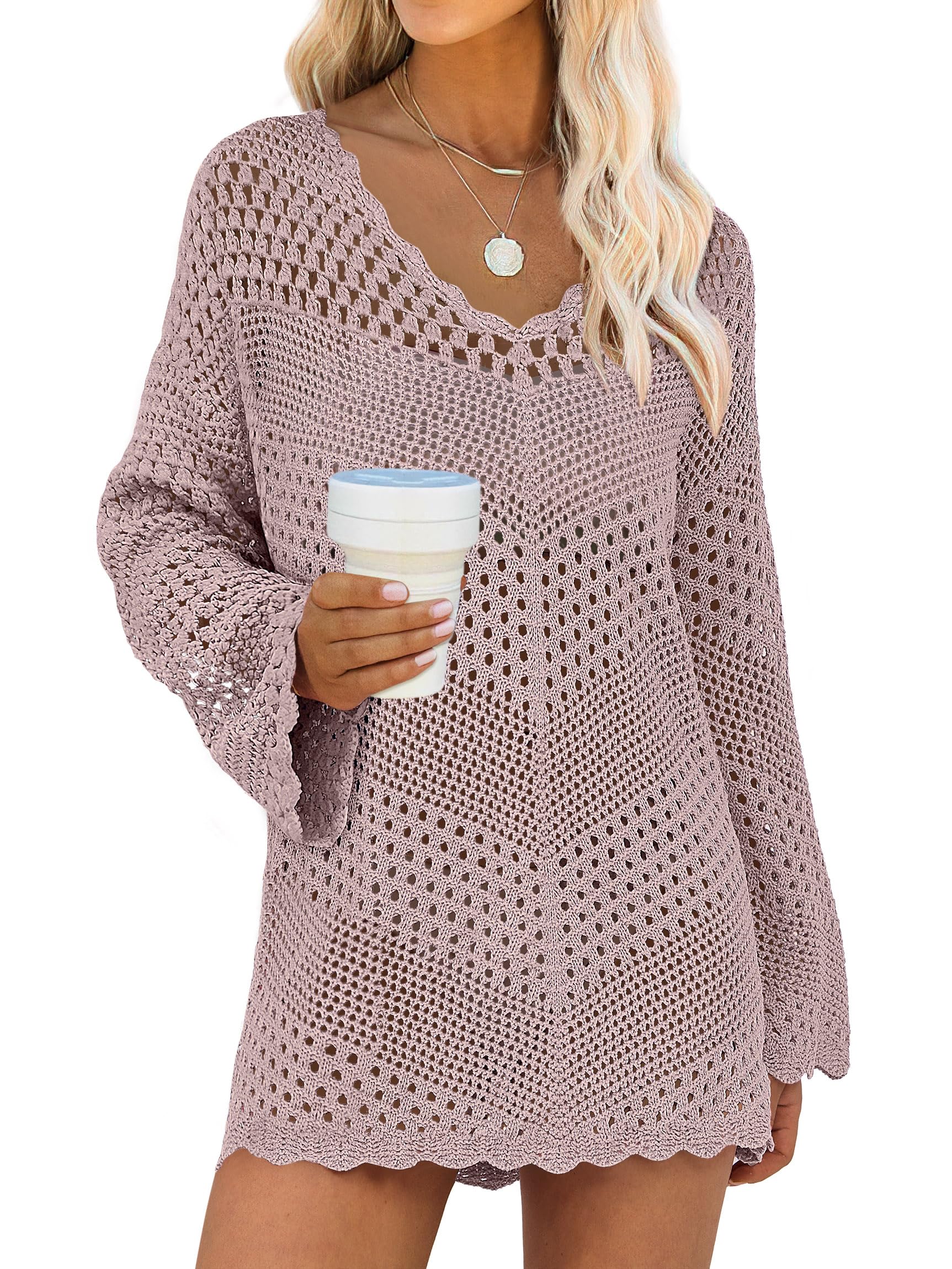 Foto 2 pulgar | Traje De Baño Cover Up Anrabess, Cuello En V, Tejido De Malla, Rosa - Venta Internacional.