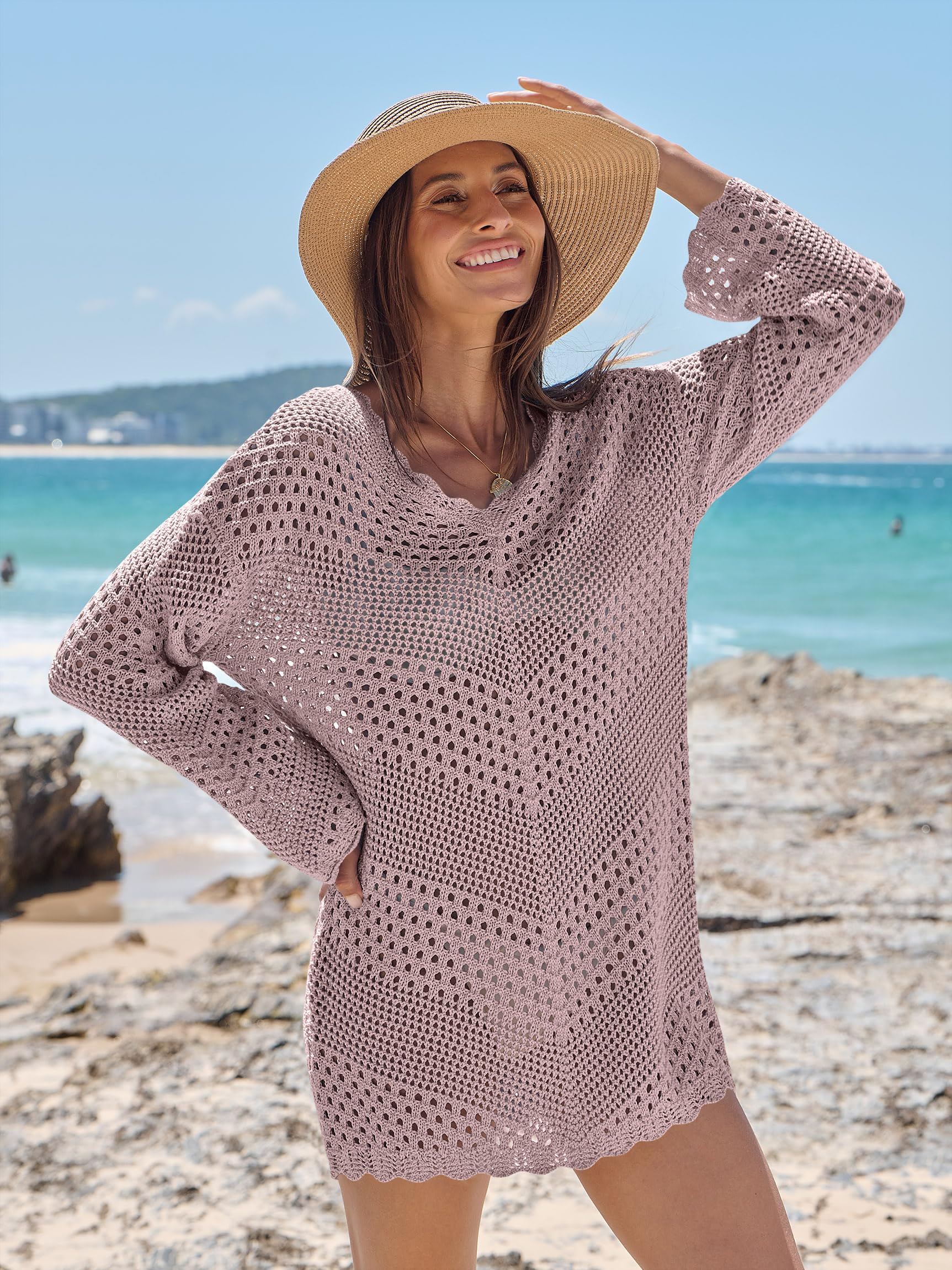 Foto 6 pulgar | Traje De Baño Cover Up Anrabess, Cuello En V, Tejido De Malla, Rosa - Venta Internacional.