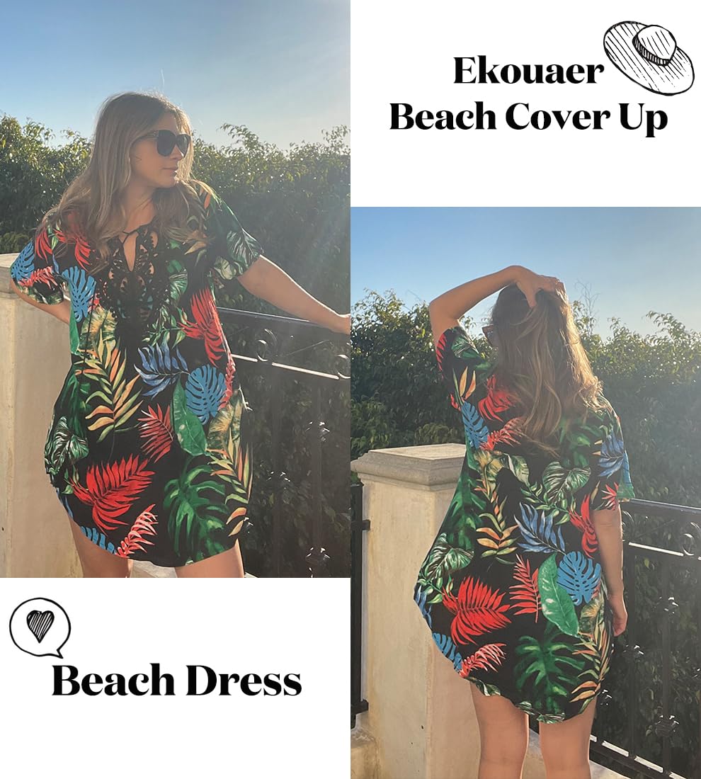 Foto 4 pulgar | Vestido De Playa Con Cuello En V Y Encaje Ekouaer Con Cuello En V - Venta Internacional.