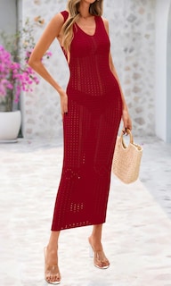 Foto 5 | Traje de Baño Coverup BTFBM Crochet para Mujer de Viscosa Rojo Oscuro - Venta Internacional