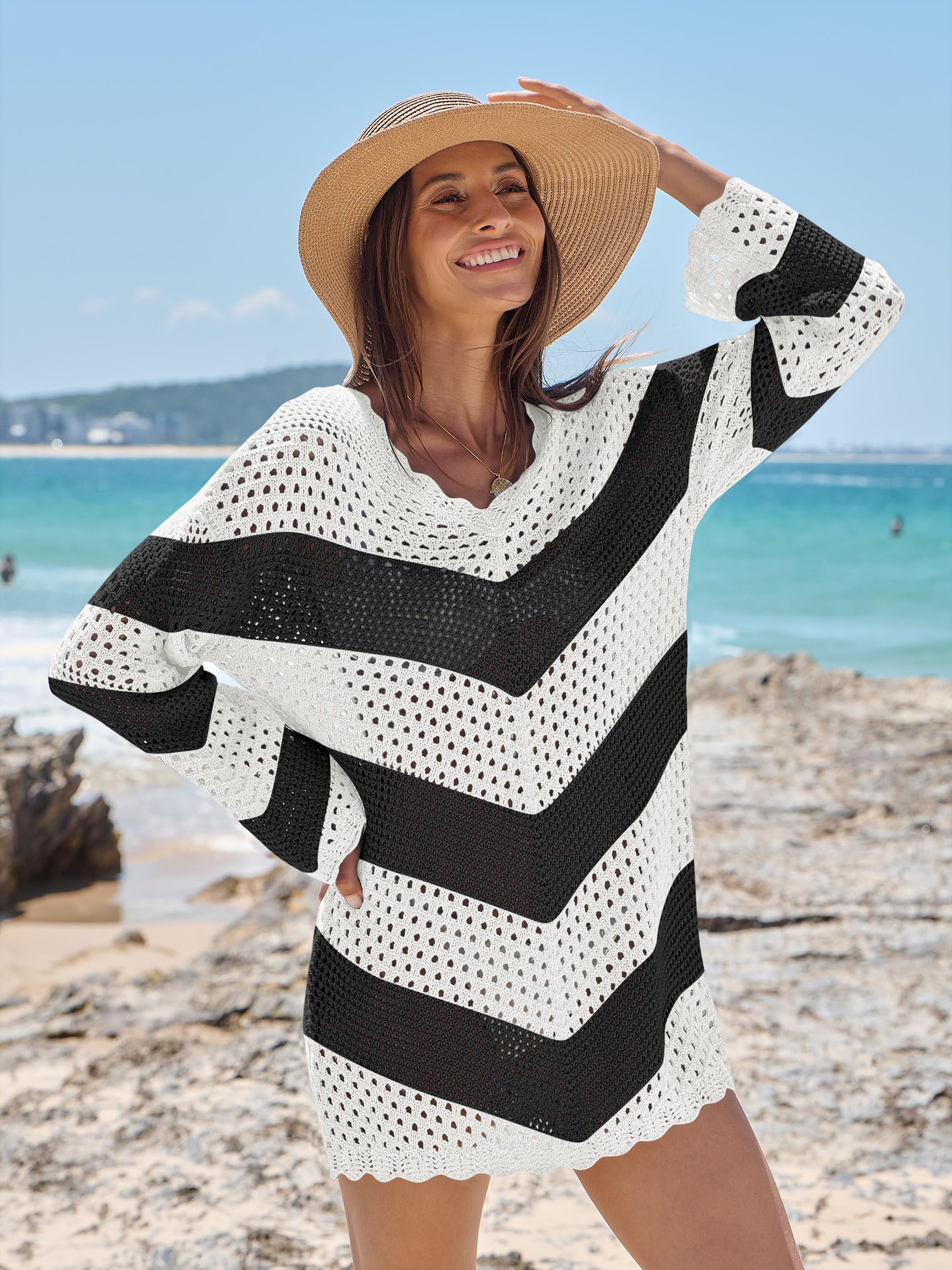 Foto 6 pulgar | Traje De Baño Anrabess Vestido De Playa De Punto De Malla Con Cuello En V Y Ganchillo - Venta Internacional.
