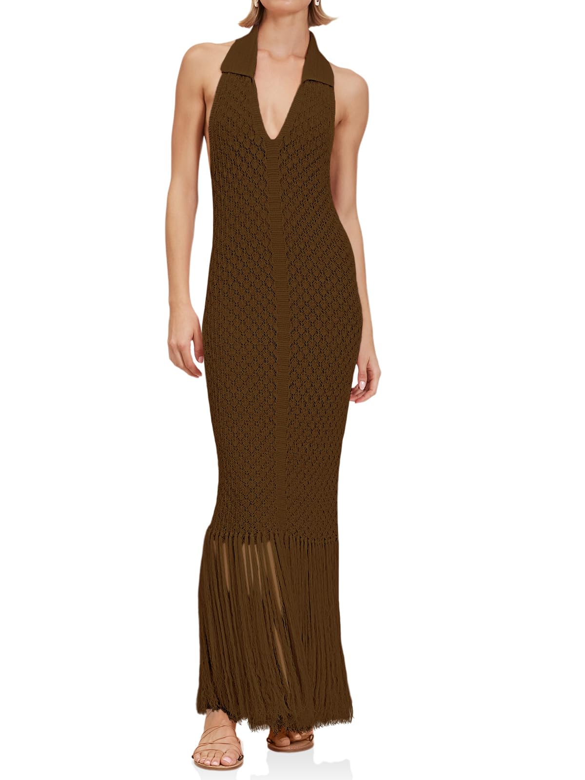 Foto 1 | Vestido Largo Saodimallsu De Ganchillo Con Flecos Y Cuello En V, Marrón - Venta Internacional.