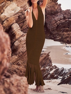 Foto 2 | Vestido Largo Saodimallsu De Ganchillo Con Flecos Y Cuello En V, Marrón - Venta Internacional.