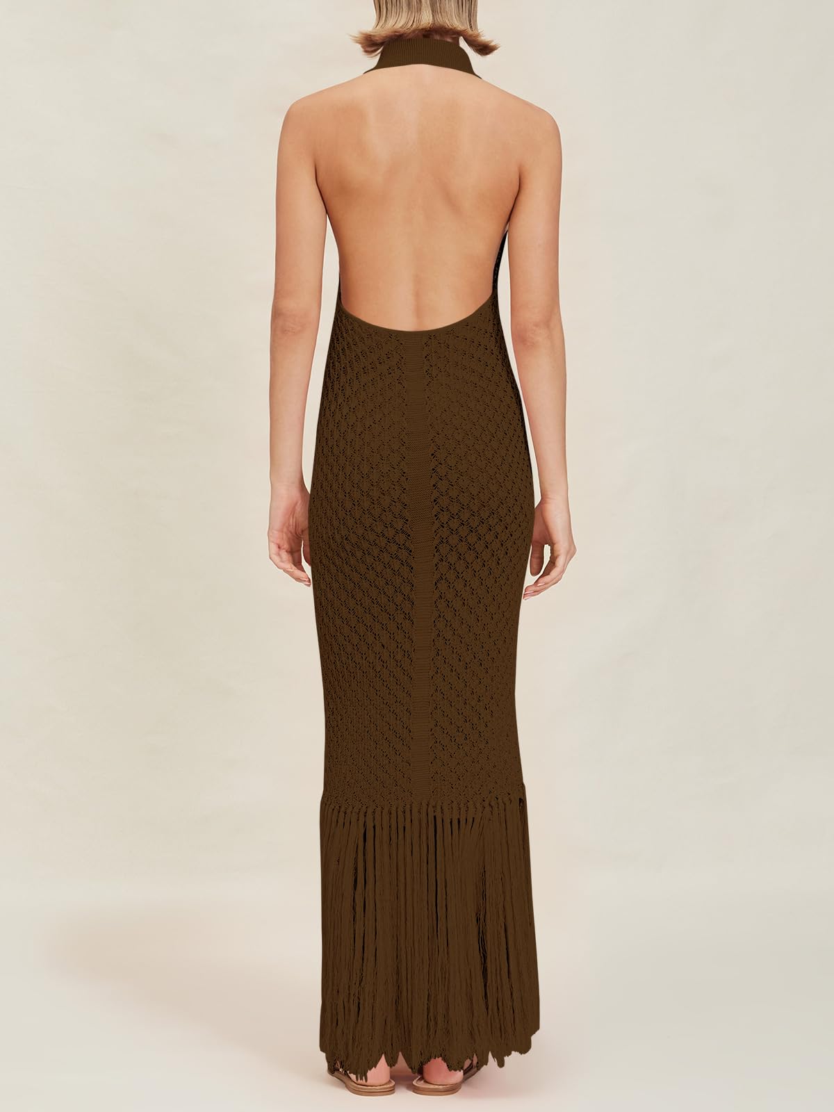 Foto 6 pulgar | Vestido Largo Saodimallsu De Ganchillo Con Flecos Y Cuello En V, Marrón - Venta Internacional.