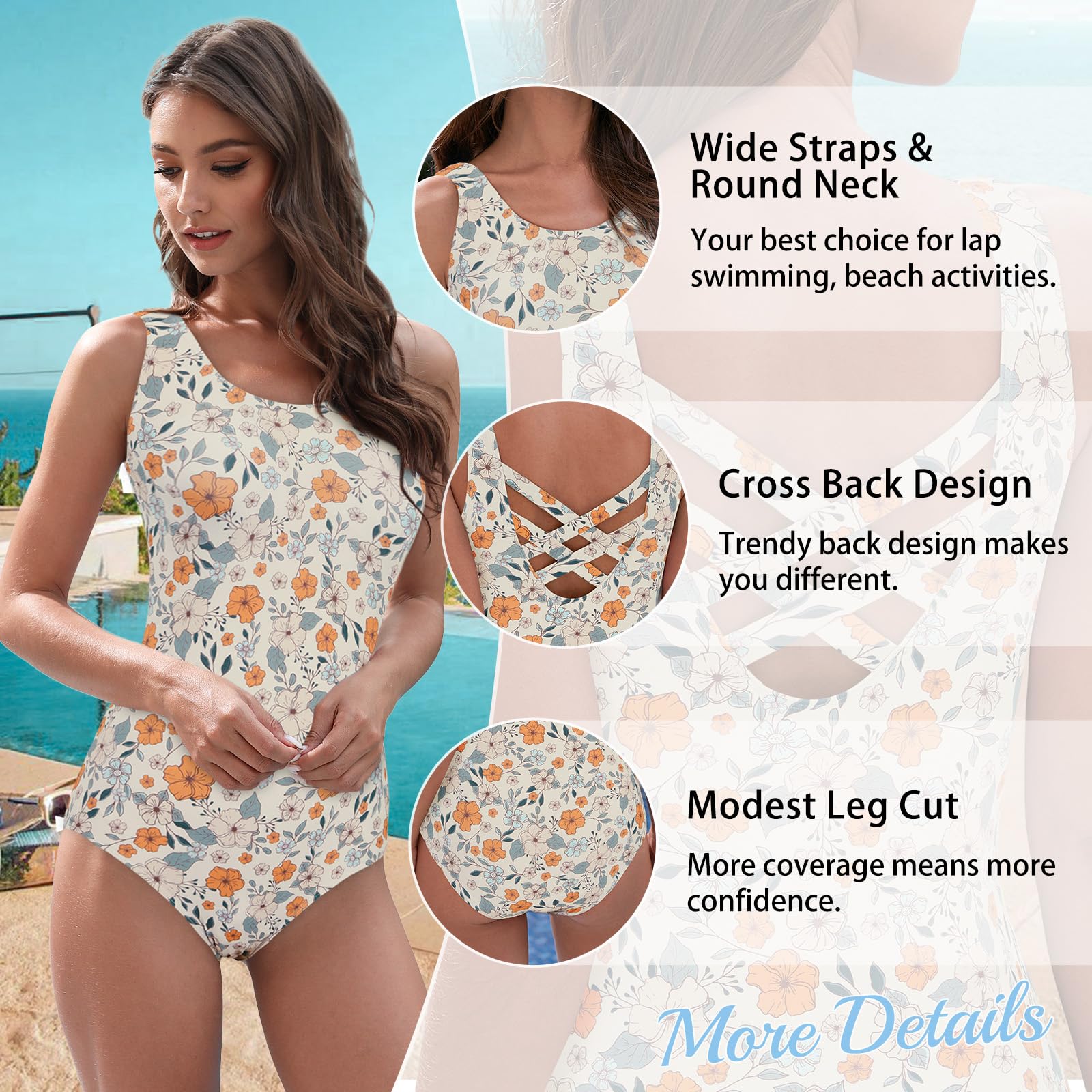 Foto 5 | Traje De Baño De Una Pieza American Trends Para Mujer  Estampado Floral  Color Naranja  Talla M - Venta Internacional.