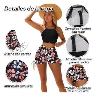 Foto 3 | Traje De Baño De Dos Piezas Estampado Talla Eg Eo Safe Imports Esi-19578 Negro