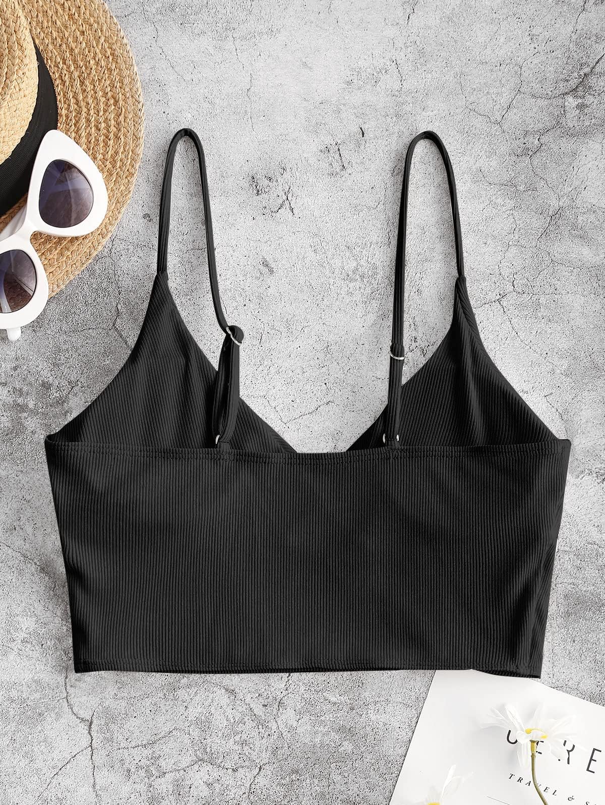 Foto 4 pulgar | Camiseta Tankini Zaful con Cuello V Acanalado y Tirantes Ajustable Negro - Venta Internacional