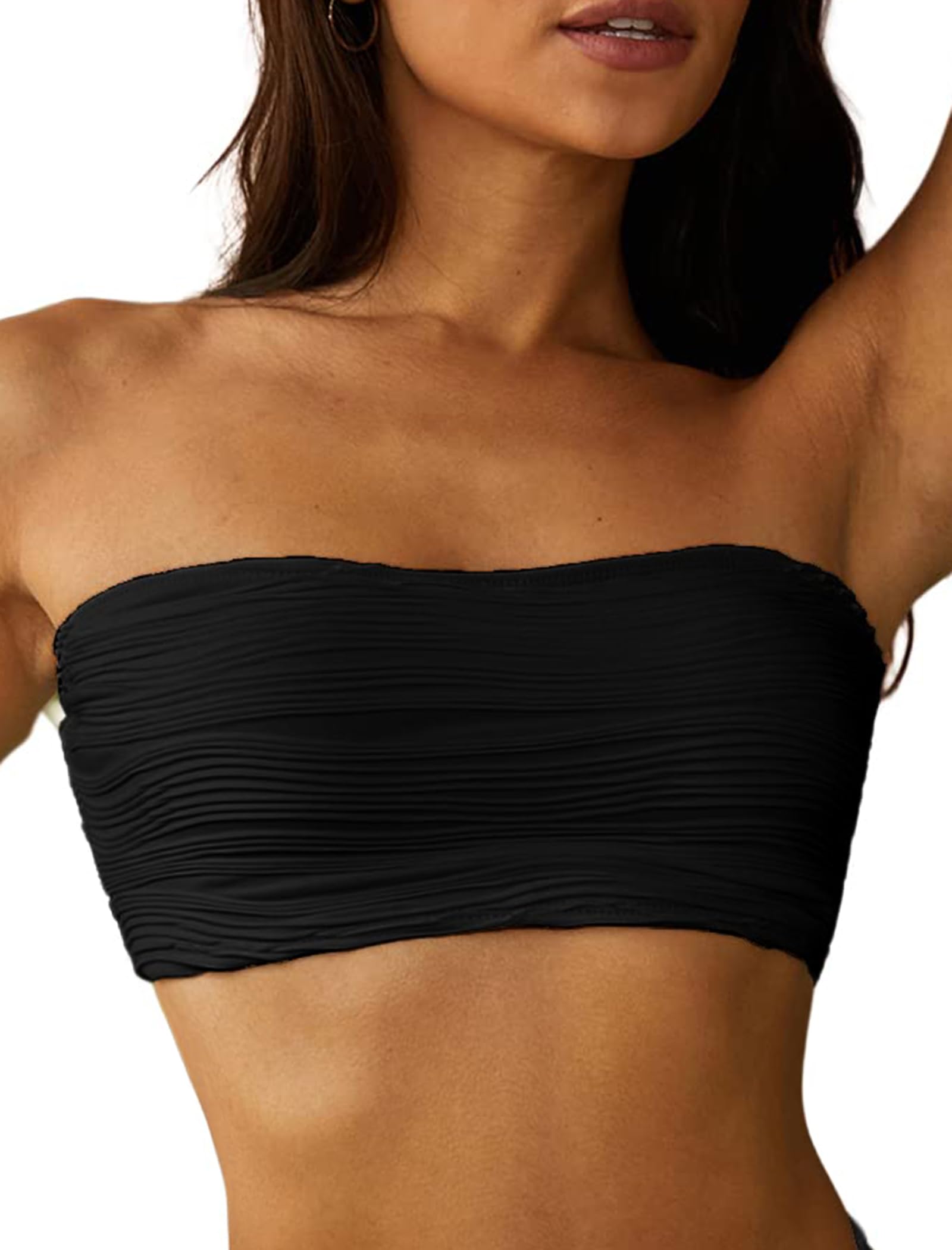 Foto 2 pulgar | Traje De Baño Sin Tirantes Tipo Bandeau Texturizado Zaful Negro - Venta Internacional.