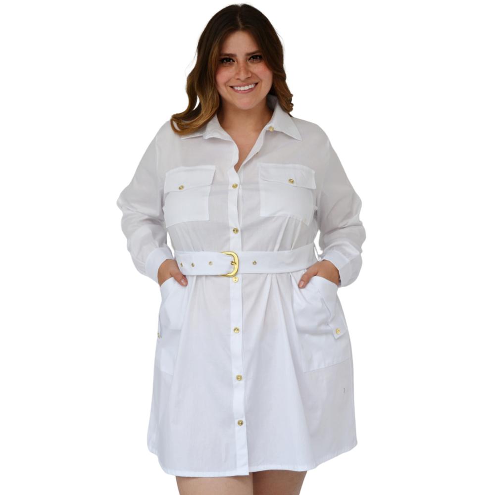 Foto 2 pulgar | Vestido Camisero con Cinto Roman Fashion 0403 color Blanco Talla Extra