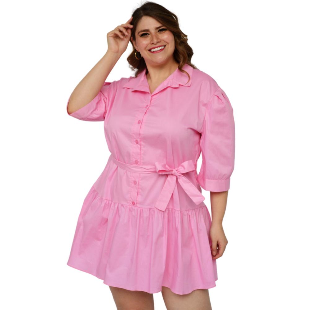 Foto 1 | Vestido Camisero ROMAN FASHION 0214 color Rosa con Falda a Capas Talla Extra