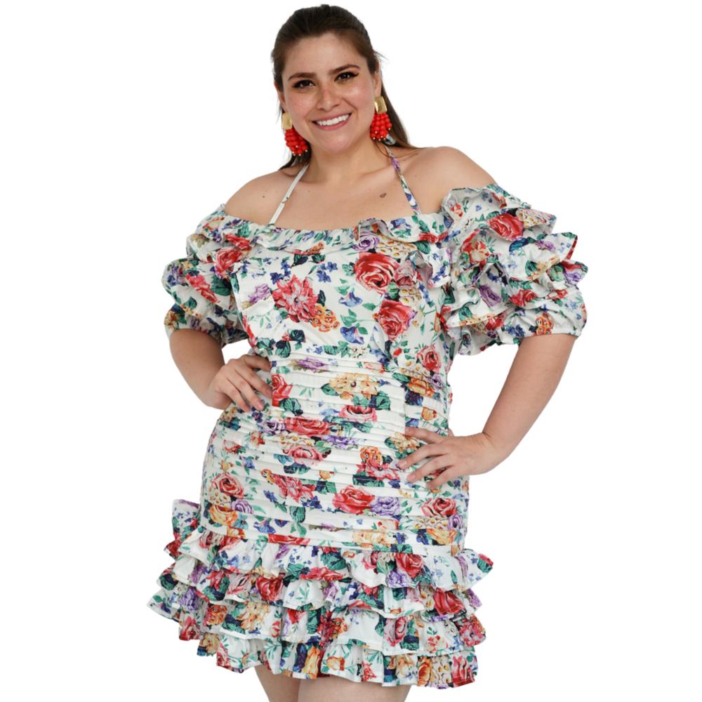 Foto 2 pulgar | Vestido con Olanes L'ATISTE V-LAT-418-BLANCO Multicolor Floreado